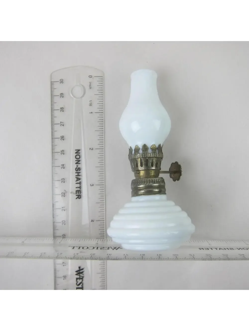 Antique Miniature Oil Lamp White Milk Glass Chimney & Beehive Base 4.5